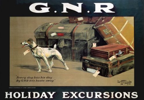 All wrong, of course, because the ad is for the Great Northern Railway (dissolved in 1923), and that pup is not in a carrier, but still! Train travel with small pet dogs!