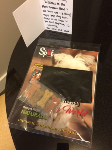 Poop bag, crinkly bag of treats, useful info; but also a nice note from management, and truly, the folks at the Mark Spencer (all of whom seemed to be pet owners themselves) came to pieces over Chloe