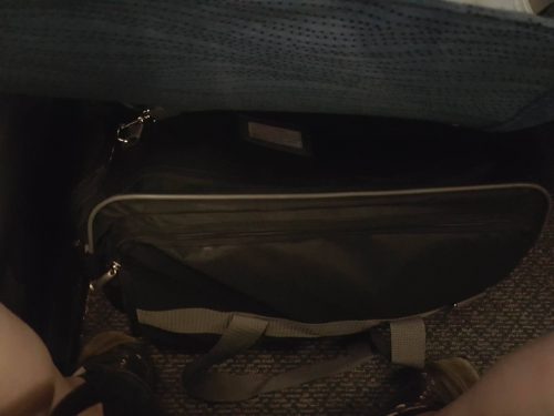 Flint's large Pettom, loaded horizontally this time, under an Economy seat on an Air Canada Embraer 190