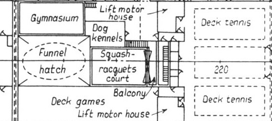 Original plan of the Queen Mary's Sports Deck (detail of the area below the second funnel, forward to just behind the first funnel)