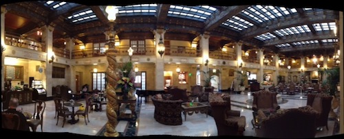A panorama of the Hotel Davenport lobby