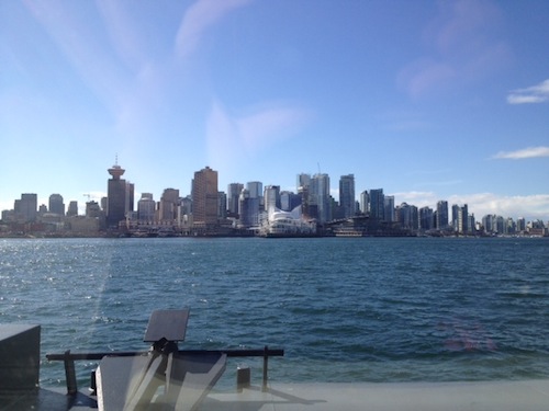 A view of downtown Vancouver from the SeaBus — other pictures I took, even more flawed than this one, included Stanley Park on the right, and a goodly chunk of East Vancouver on the left. Bad photos, beautiful views.