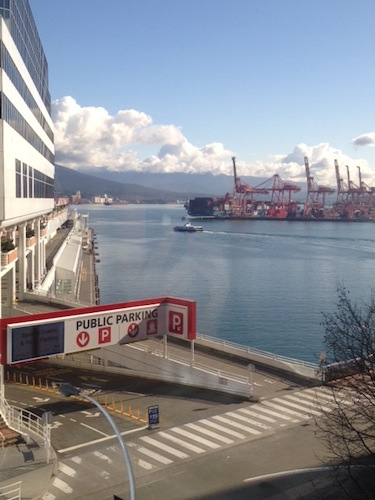 The view out our window — Canada Place and the Pan Pacific directly across the street, Coal Harbor and the hills of North Vancouver, the SeaBus heading off on a run to Lonsdale Quay