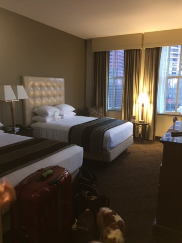 Chloe milling around in front of Big Red, her suitcase, at the entrance to our Drury hotel room in New Orleans