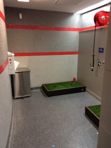 Where the stalls would normally be, however, are two Porch Potty ledges, a trash can, and a poop bag dispenser.